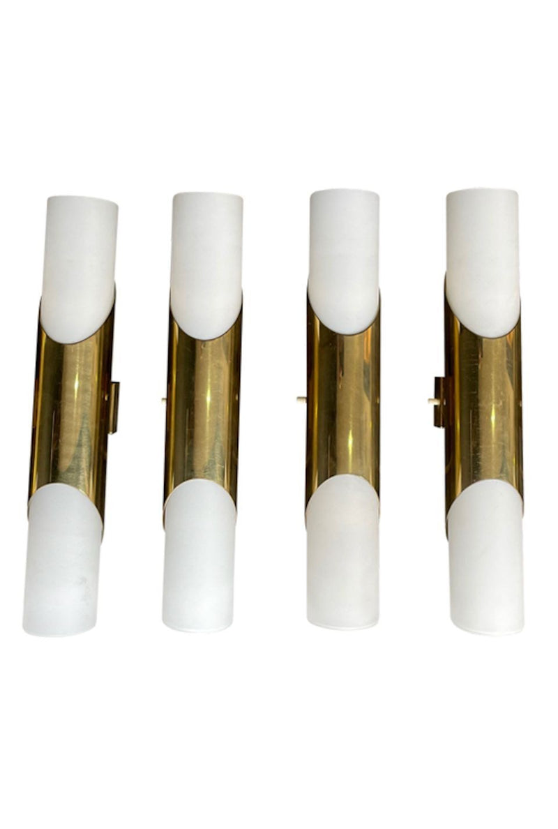 Mid Century wall sconces by Neuhaus Leuchten of white opaline and brass - 1960s