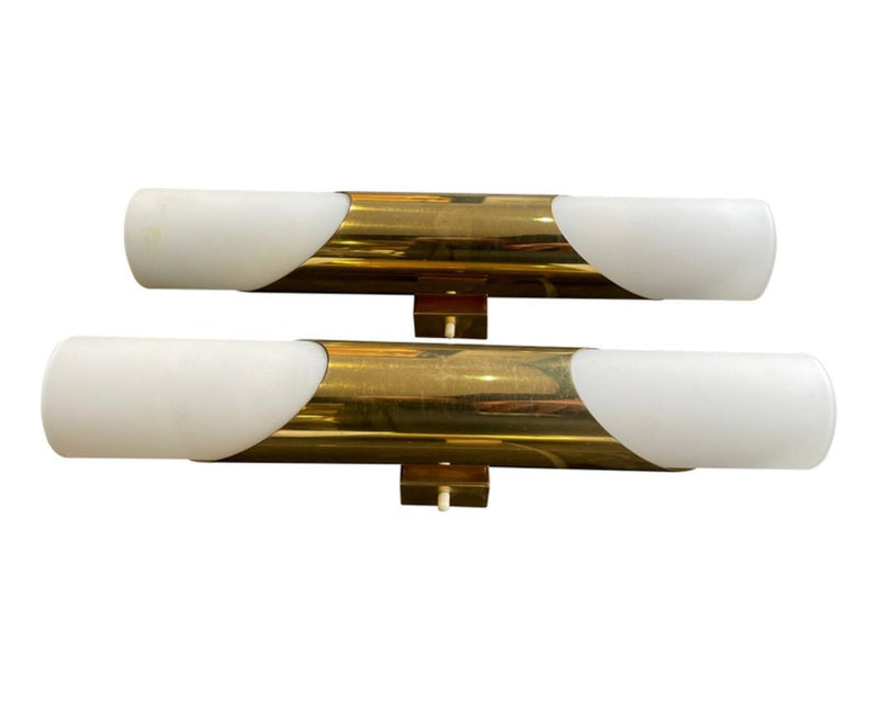 Mid Century wall sconces by Neuhaus Leuchten of white opaline and brass - 1960s