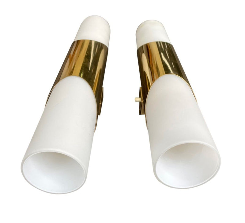 Mid Century wall sconces by Neuhaus Leuchten of white opaline and brass - 1960s
