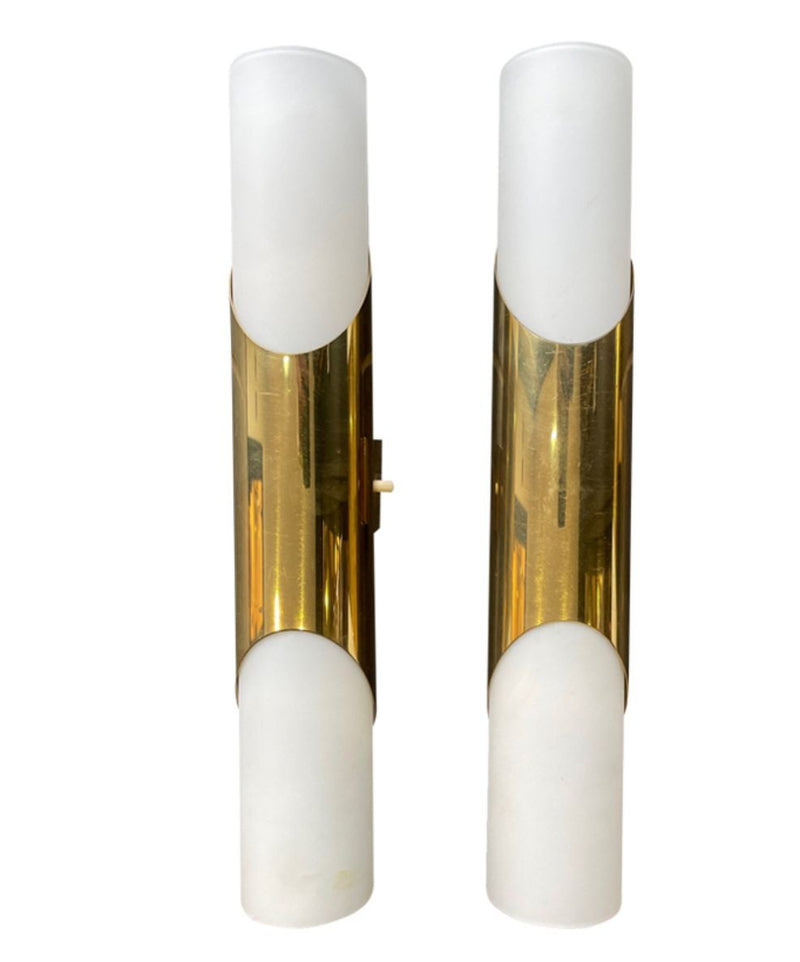 Mid Century wall sconces by Neuhaus Leuchten of white opaline and brass - 1960s