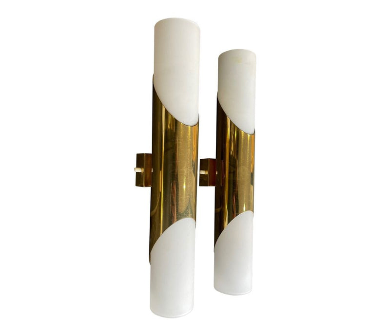 Mid Century wall sconces by Neuhaus Leuchten of white opaline and brass - 1960s
