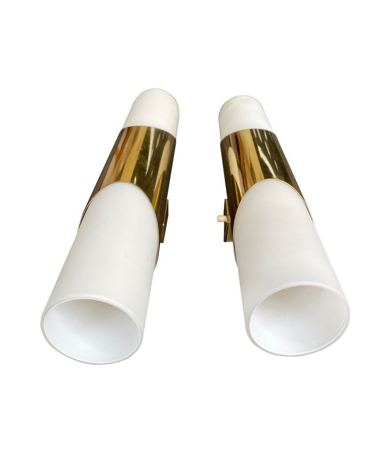 Mid Century wall sconces by Neuhaus Leuchten of white opaline and brass - 1960s