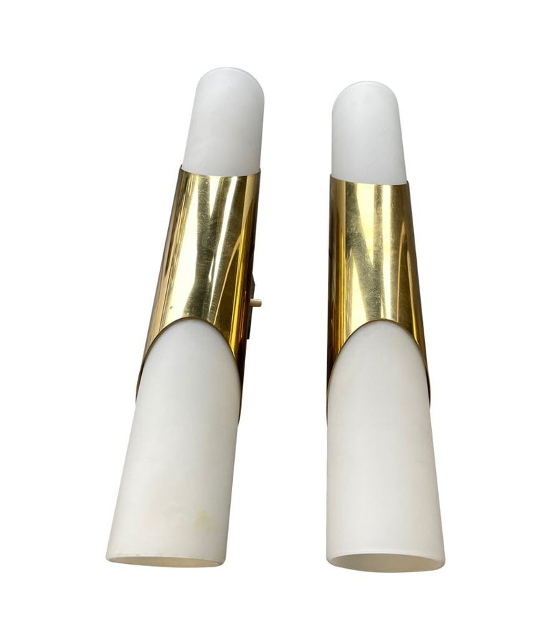 Mid Century wall sconces by Neuhaus Leuchten of white opaline and brass - 1960s