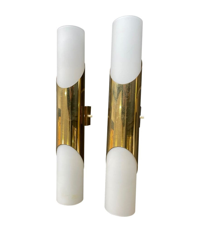 Mid Century wall sconces by Neuhaus Leuchten of white opaline and brass - 1960s