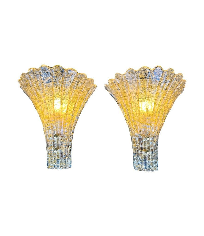 Mid century wall sconces gold leaf Orreors glass by Carl Fagerlund fan shaped wall sconces
