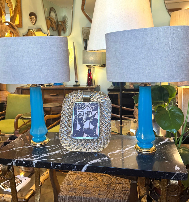 Mid Century table lamps turquoise blue Murano opaline glass by Giovanni Cenedese - 1960s