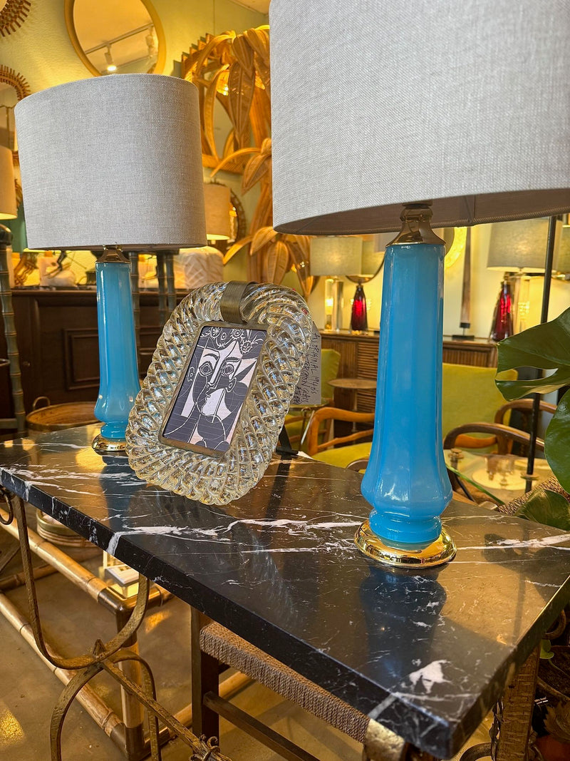 Mid Century table lamps turquoise blue Murano opaline glass by Giovanni Cenedese - 1960s