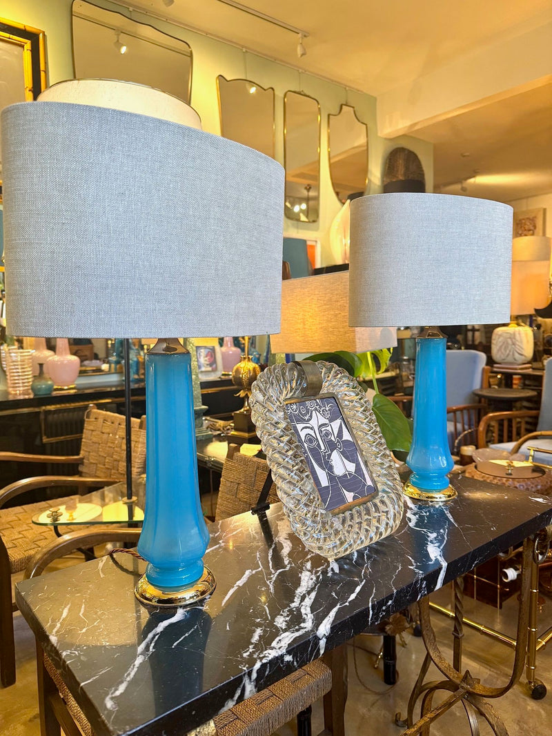 Mid Century table lamps turquoise blue Murano opaline glass by Giovanni Cenedese - 1960s