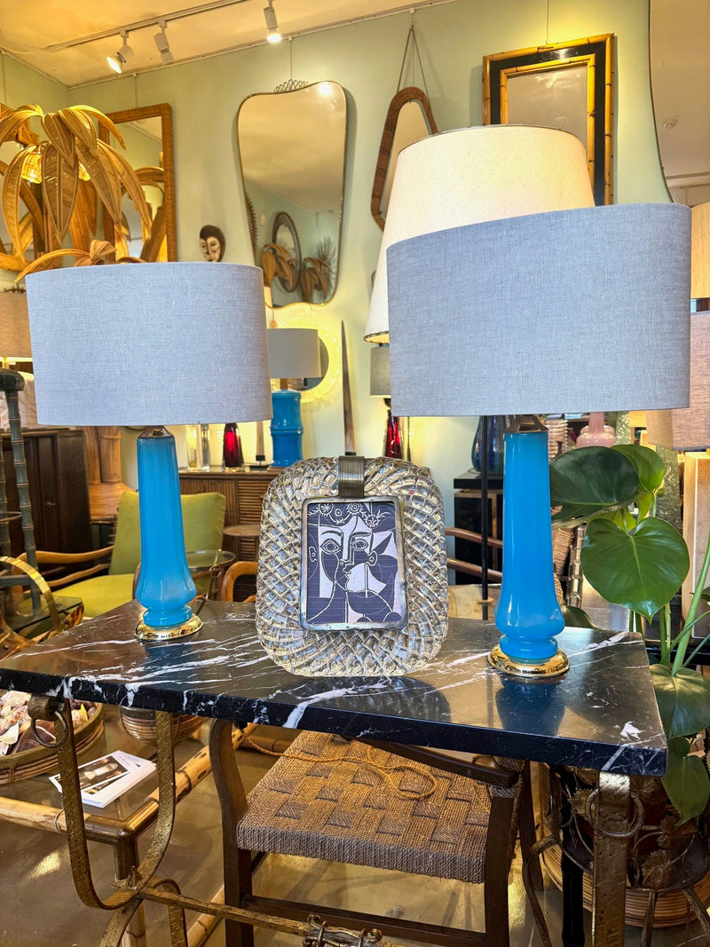 Mid Century table lamps turquoise blue Murano opaline glass by Giovanni Cenedese - 1960s