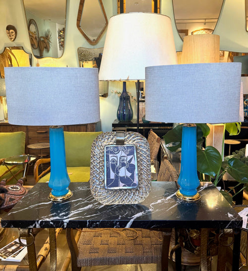 Mid Century table lamps turquoise blue Murano opaline glass by Giovanni Cenedese - 1960s