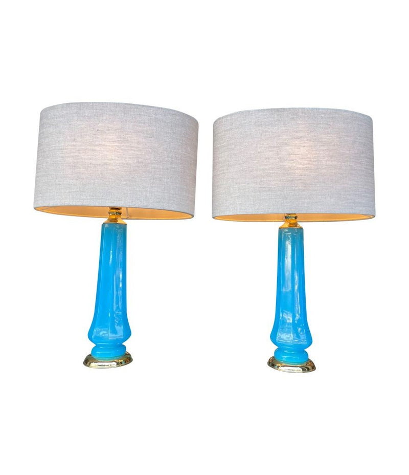 Mid Century table lamps turquoise blue Murano opaline glass by Giovanni Cenedese - 1960s
