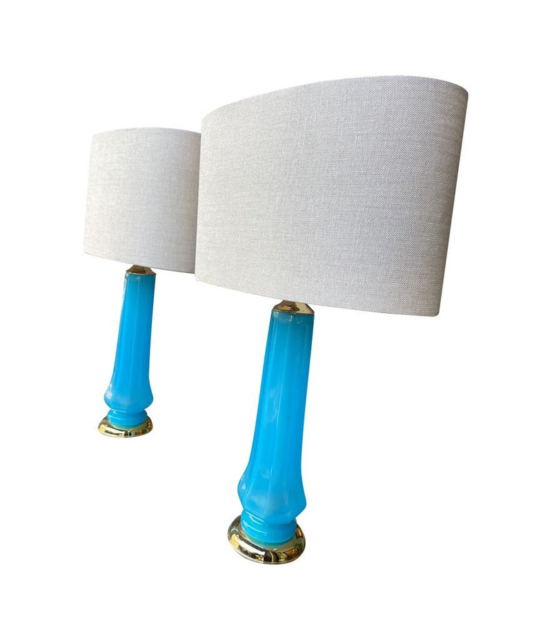 Mid Century table lamps turquoise blue Murano opaline glass by Giovanni Cenedese - 1960s