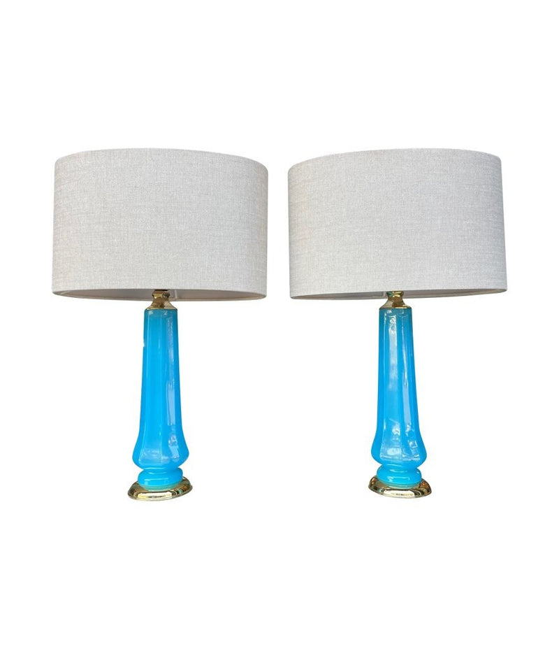 Mid Century table lamps turquoise blue Murano opaline glass by Giovanni Cenedese - 1960s