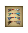 Mid century tinplate and plastic ray guns mounted in a white box frame