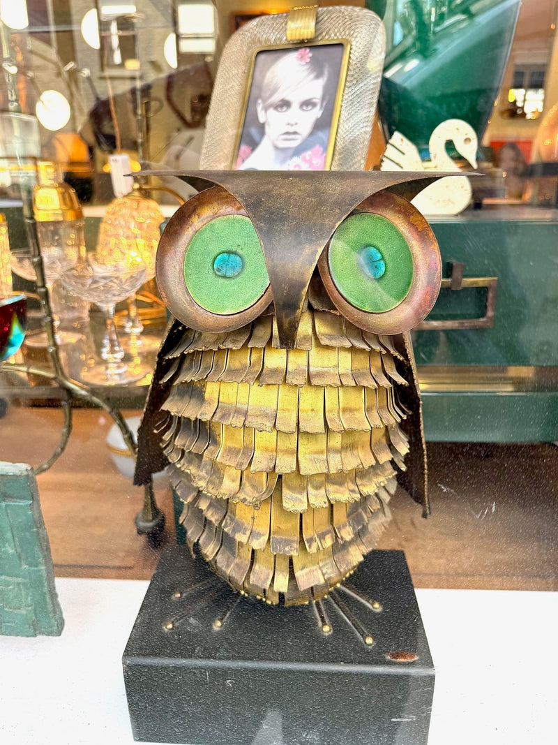 1966 torch cut brass Curtis Jere Owl with green enamelled eyes