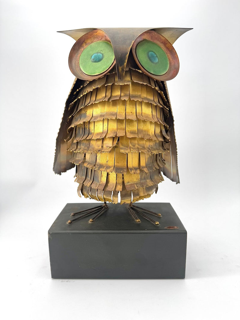 1966 torch cut brass Curtis Jere Owl with green enamelled eyes