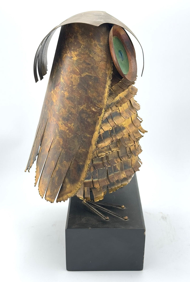 1966 torch cut brass Curtis Jere Owl with green enamelled eyes