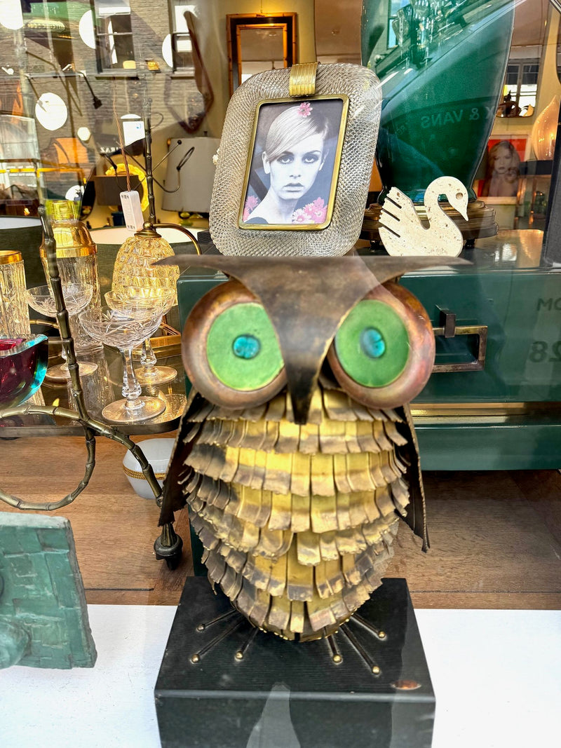 1966 torch cut brass Curtis Jere Owl with green enamelled eyes