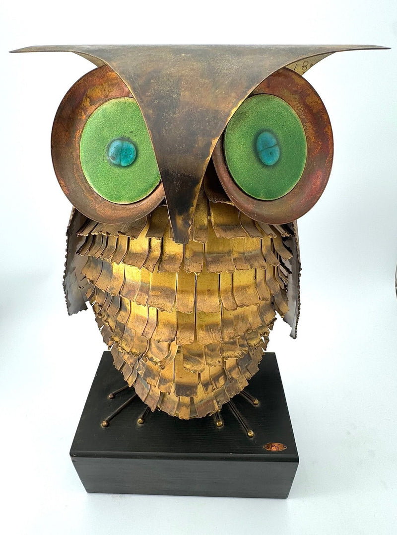 1966 torch cut brass Curtis Jere Owl with green enamelled eyes