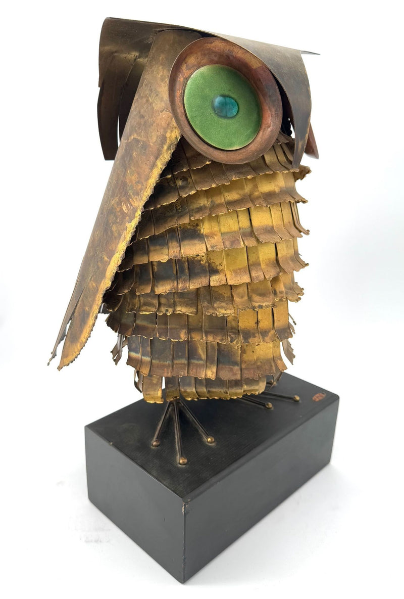 1966 torch cut brass Curtis Jere Owl with green enamelled eyes