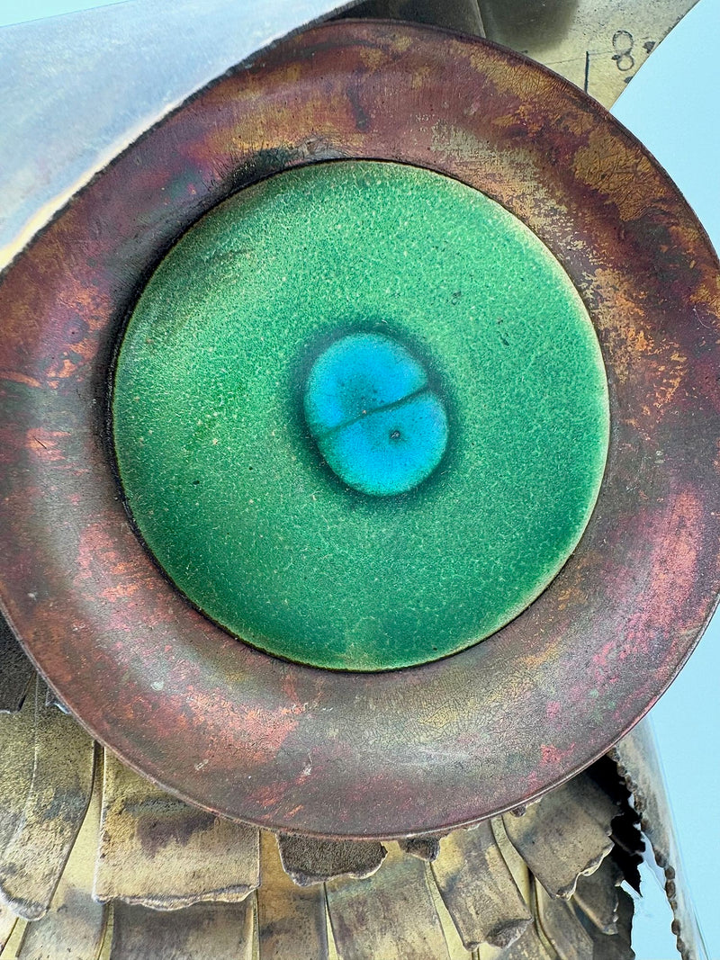 1966 torch cut brass Curtis Jere Owl with green enamelled eyes