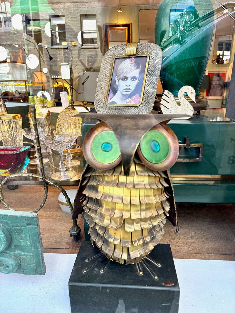 1966 torch cut brass Curtis Jere Owl with green enamelled eyes