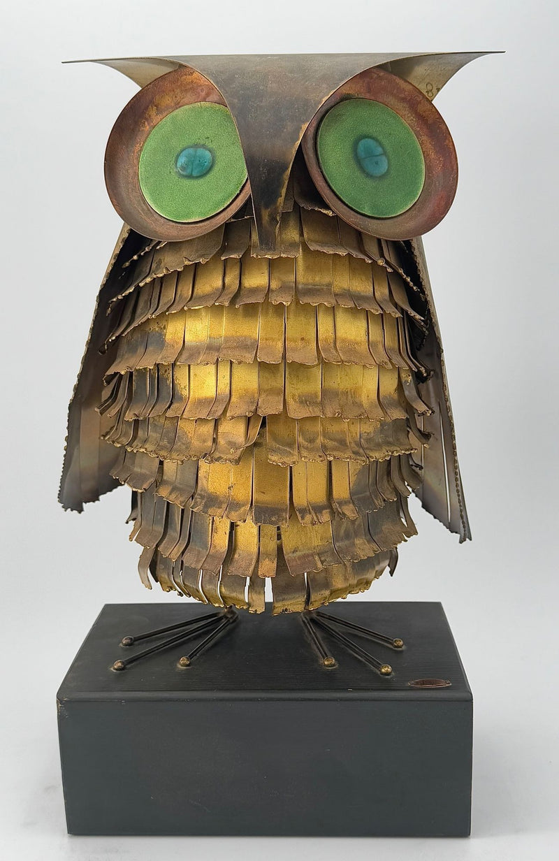 1966 torch cut brass Curtis Jere Owl with green enamelled eyes