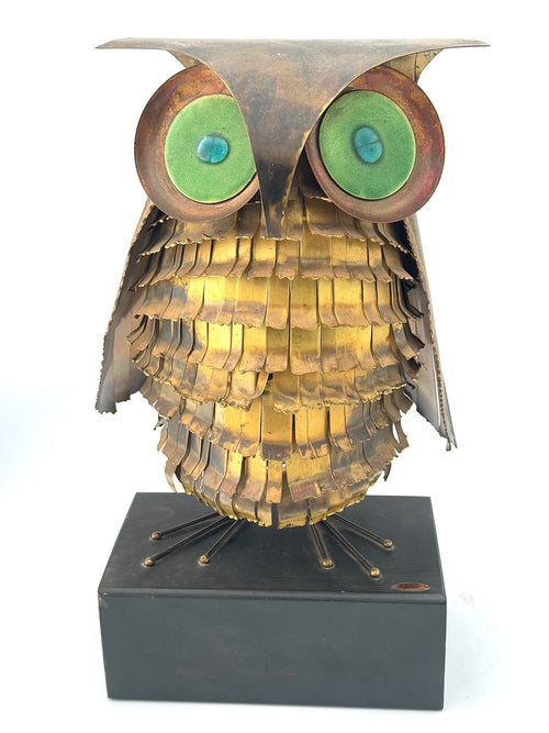 1966 torch cut brass Curtis Jere Owl with green enamelled eyes