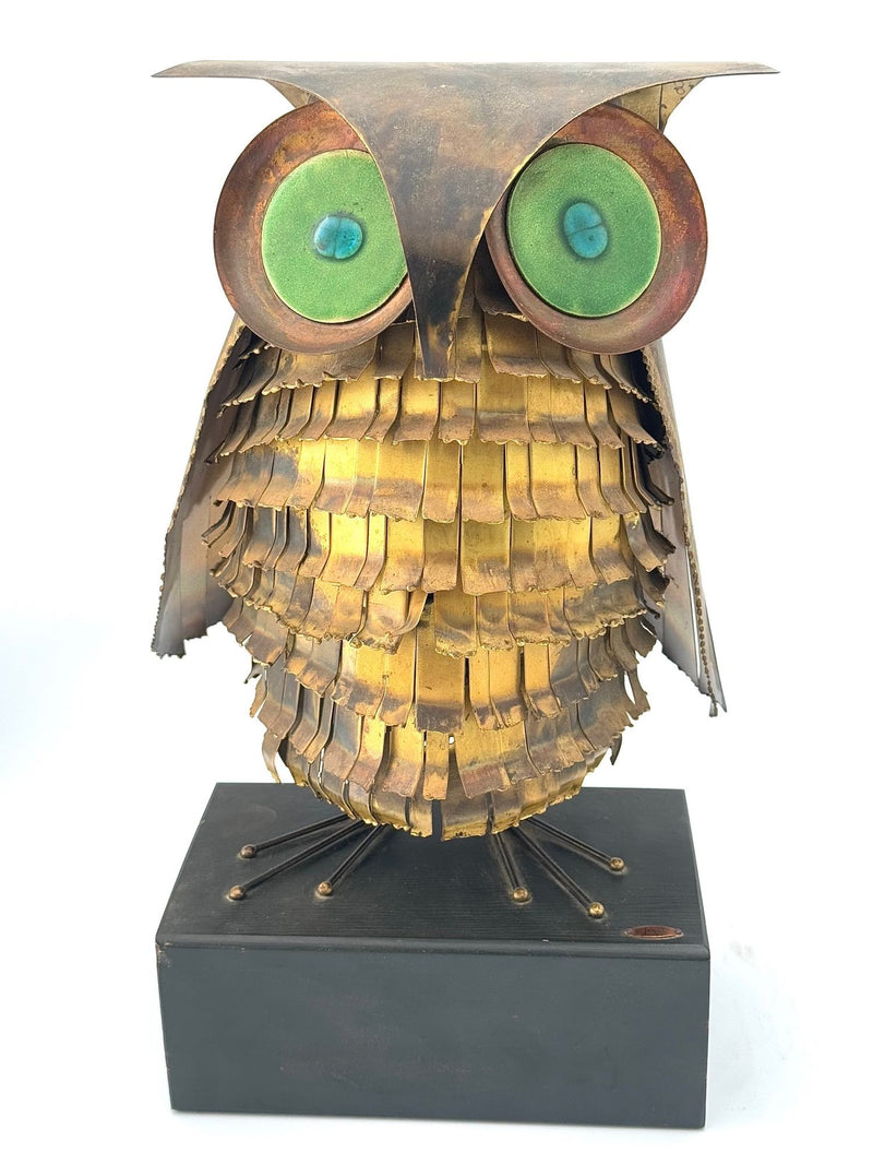 1966 torch cut brass Curtis Jere Owl with green enamelled eyes