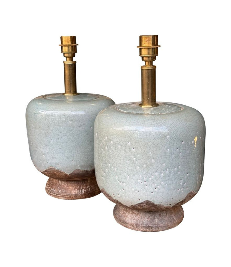 Mid century table lamps chinoiserie style crackle glazed ceramic by Ugo Zaccanini for Maison Lancel - 1970s