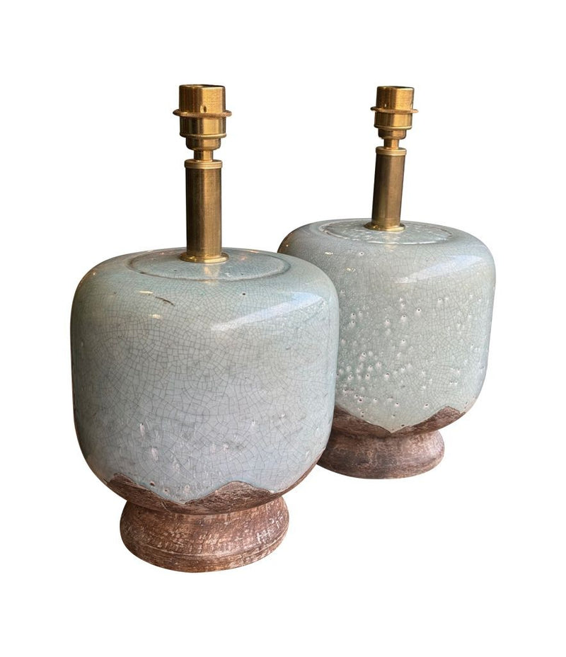 Mid century table lamps chinoiserie style crackle glazed ceramic by Ugo Zaccanini for Maison Lancel - 1970s