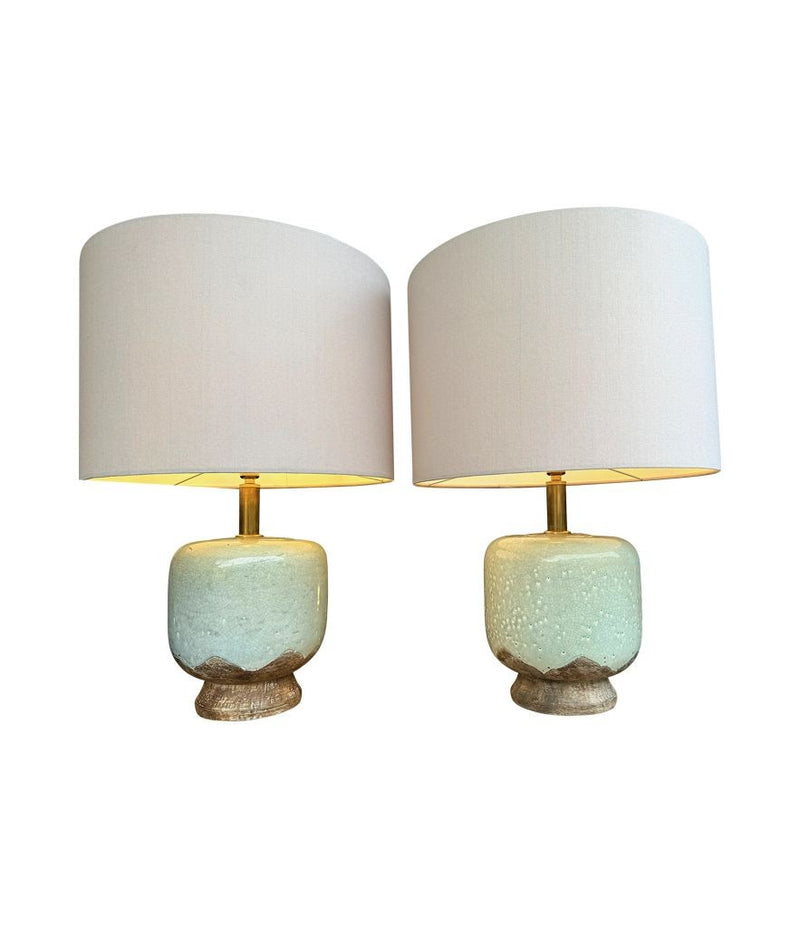 Mid century table lamps chinoiserie style crackle glazed ceramic by Ugo Zaccanini for Maison Lancel - 1970s