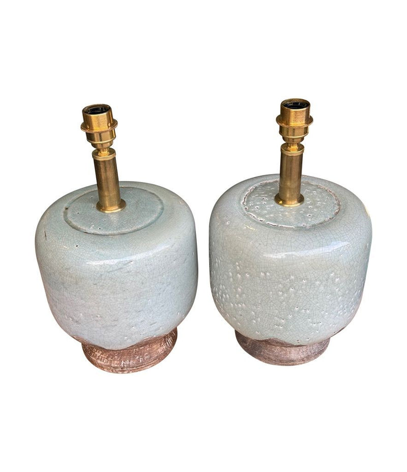 Mid century table lamps chinoiserie style crackle glazed ceramic by Ugo Zaccanini for Maison Lancel - 1970s