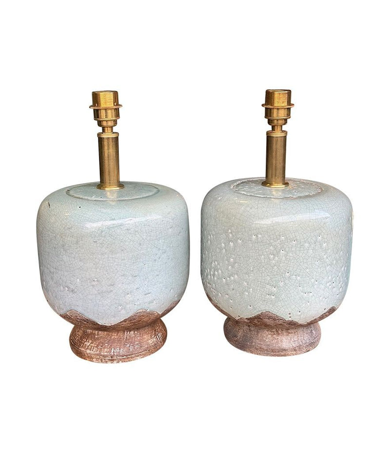Mid century table lamps chinoiserie style crackle glazed ceramic by Ugo Zaccanini for Maison Lancel - 1970s