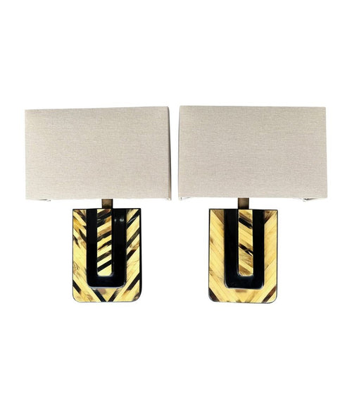Mid century wall sconces lacquered marquetry bone and brass Italian 1970s