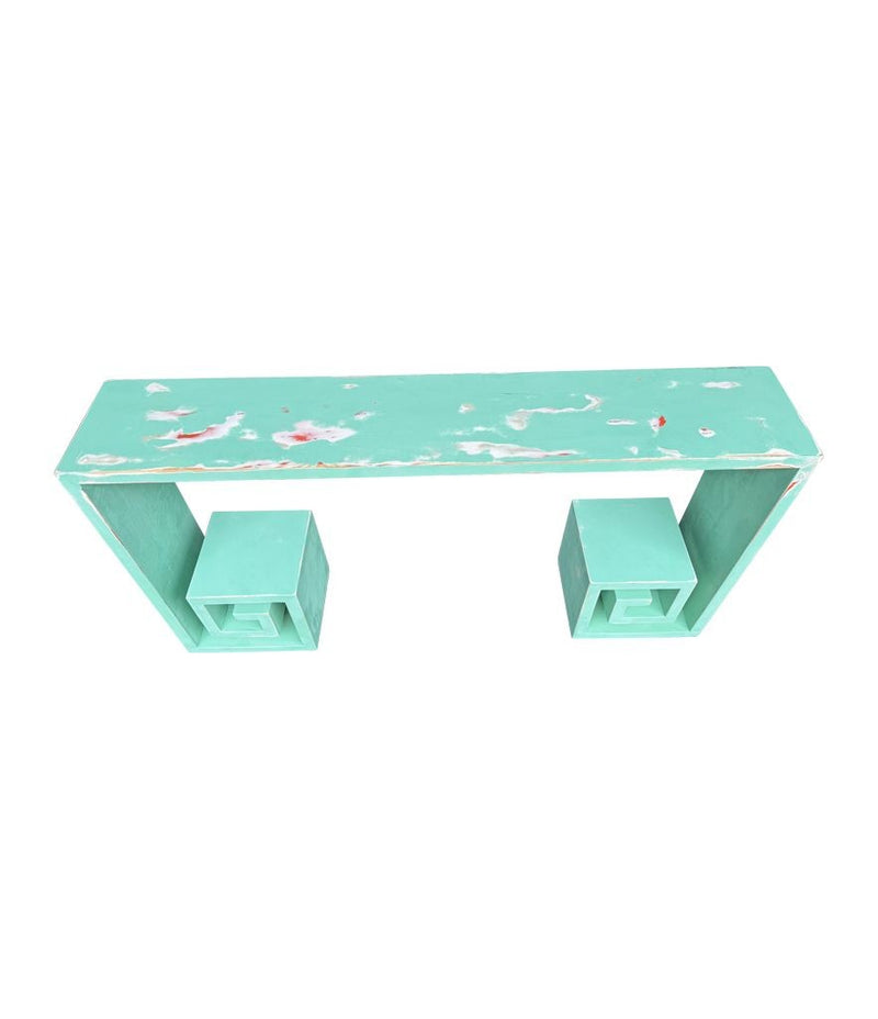 Mid century console table with greek key design in distressed beach finish - Mid Century Furniture
