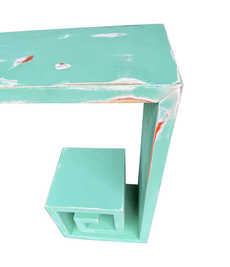 Mid century console table with greek key design in distressed beach finish - Mid Century Furniture