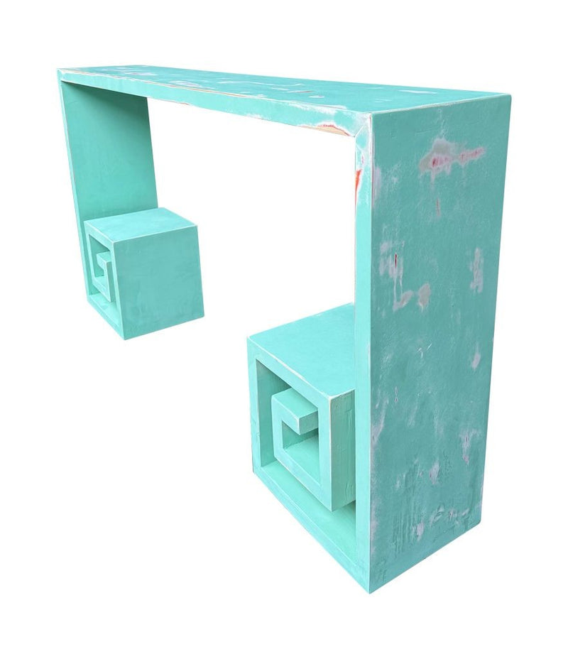 Mid century console table with greek key design in distressed beach finish - Mid Century Furniture