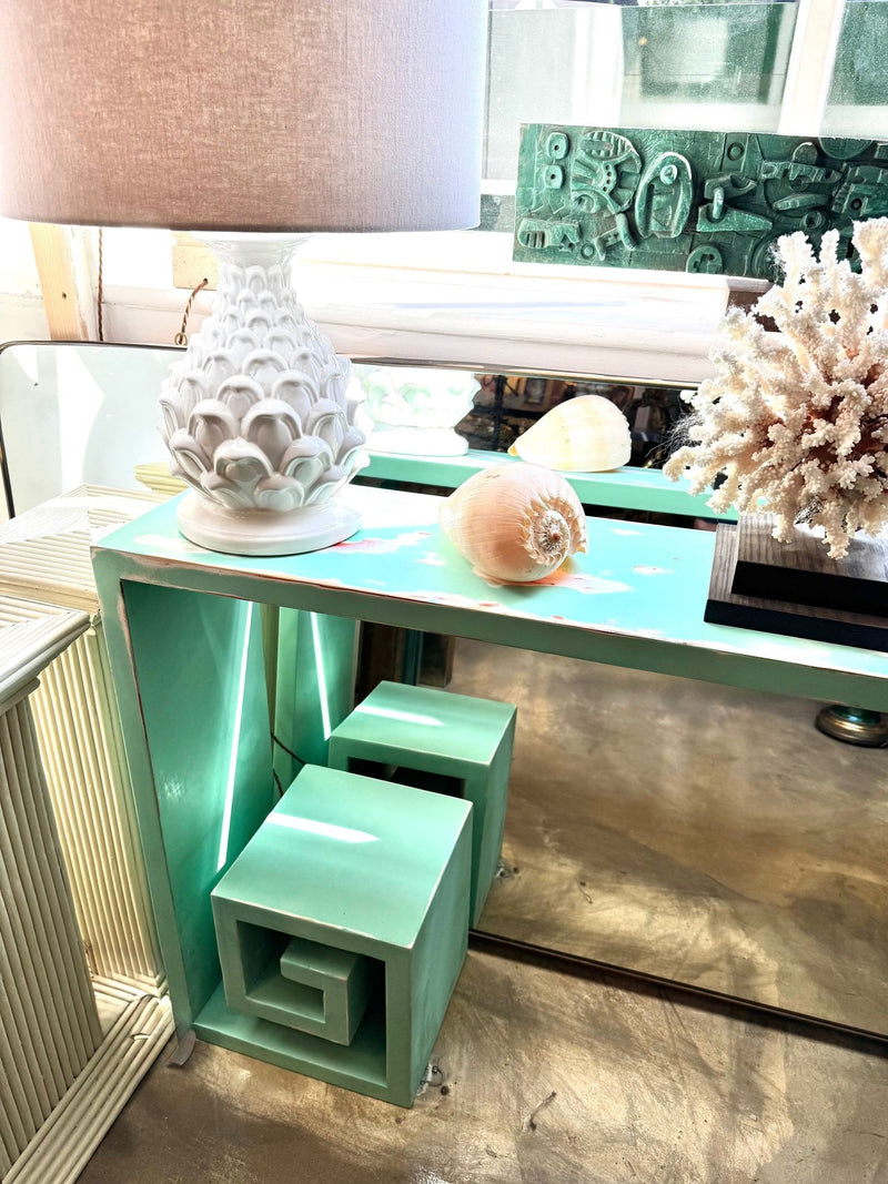 Mid century console table with greek key design in distressed beach finish - Mid Century Furniture