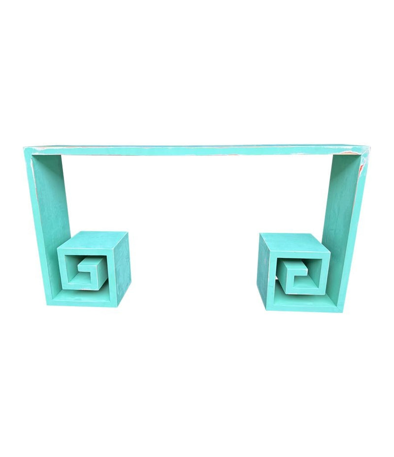 Mid century console table with greek key design in distressed beach finish - Mid Century Furniture