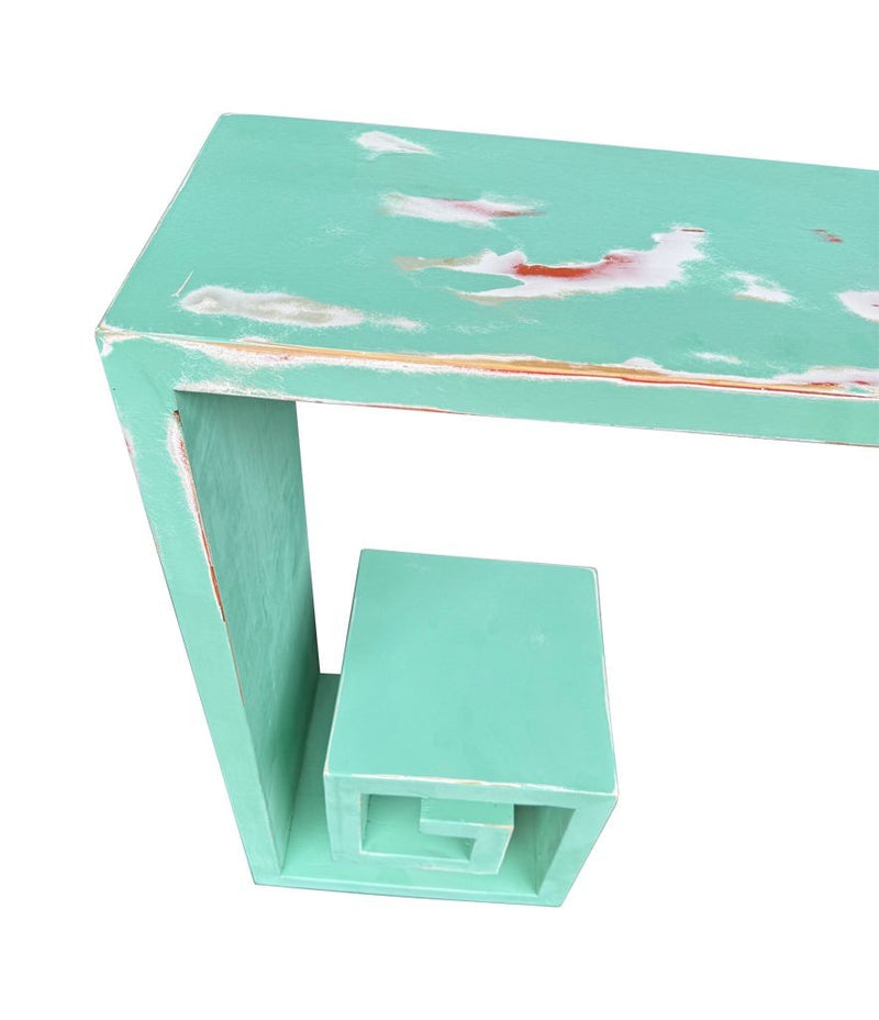 Mid century console table with greek key design in distressed beach finish - Mid Century Furniture