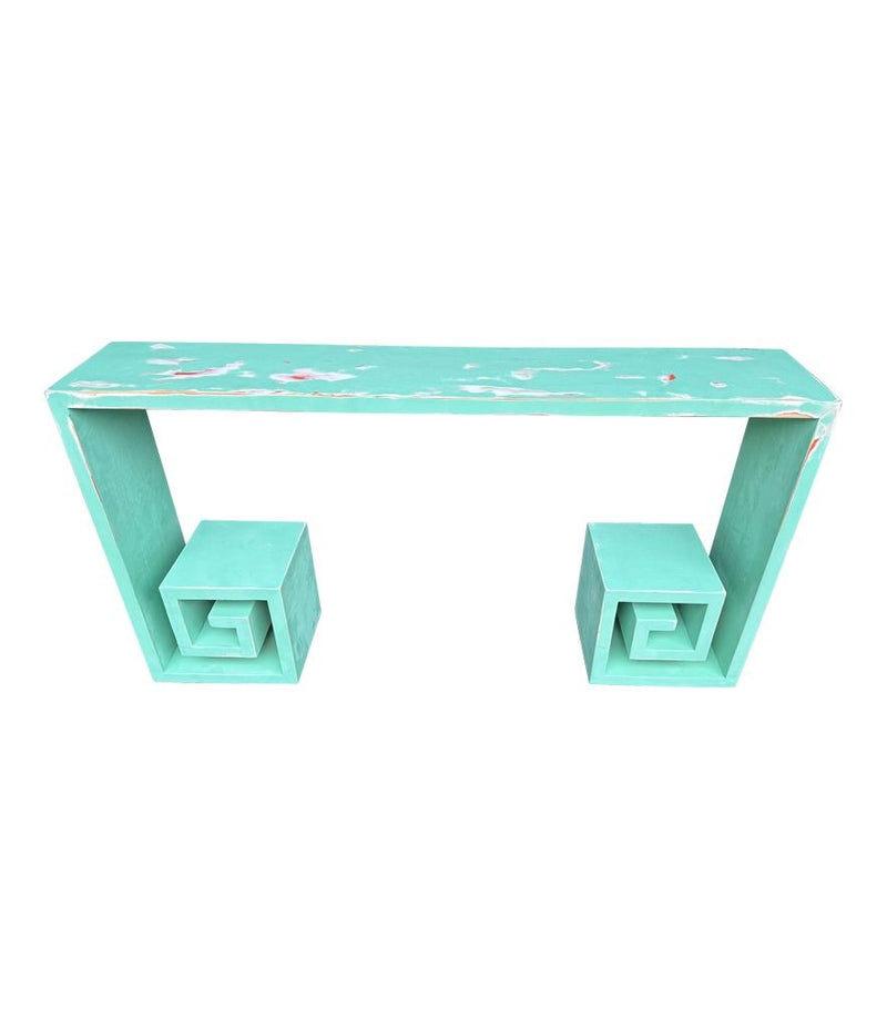 Mid century console table with greek key design in distressed beach finish - Mid Century Furniture