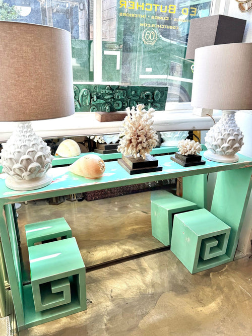 Mid century console table with greek key design in distressed beach finish - Mid Century Furniture