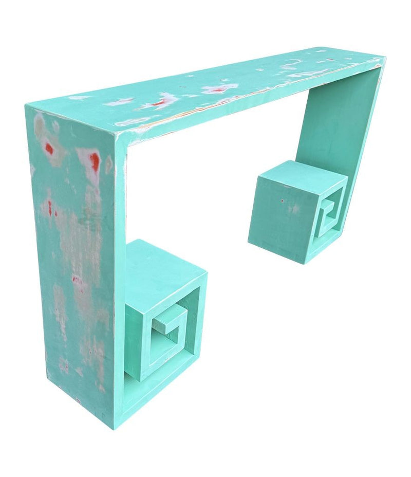 Mid century console table with greek key design in distressed beach finish - Mid Century Furniture