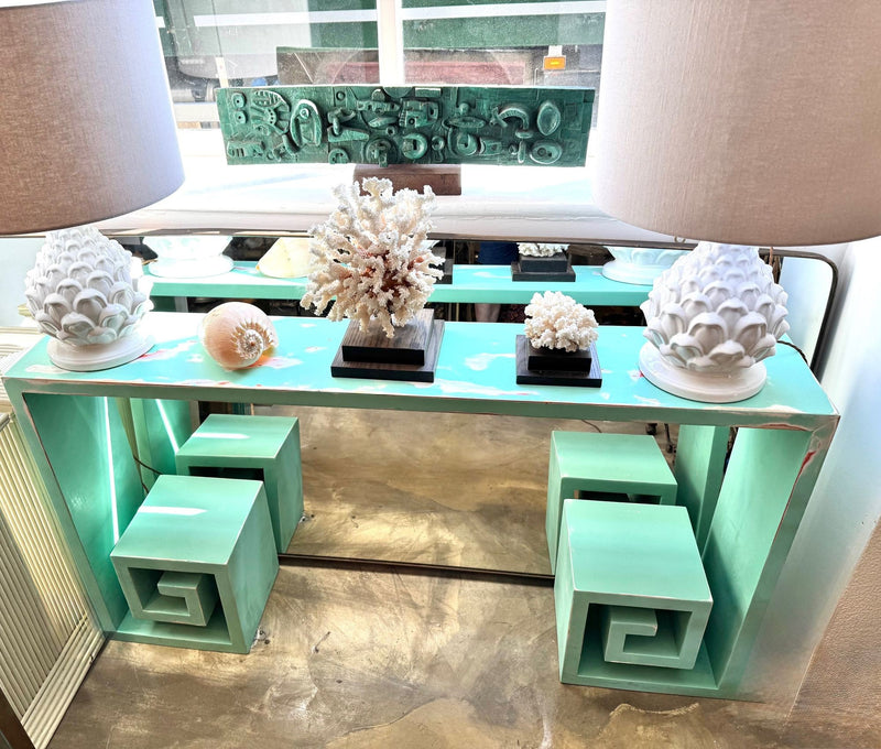 Mid century console table with greek key design in distressed beach finish - Mid Century Furniture