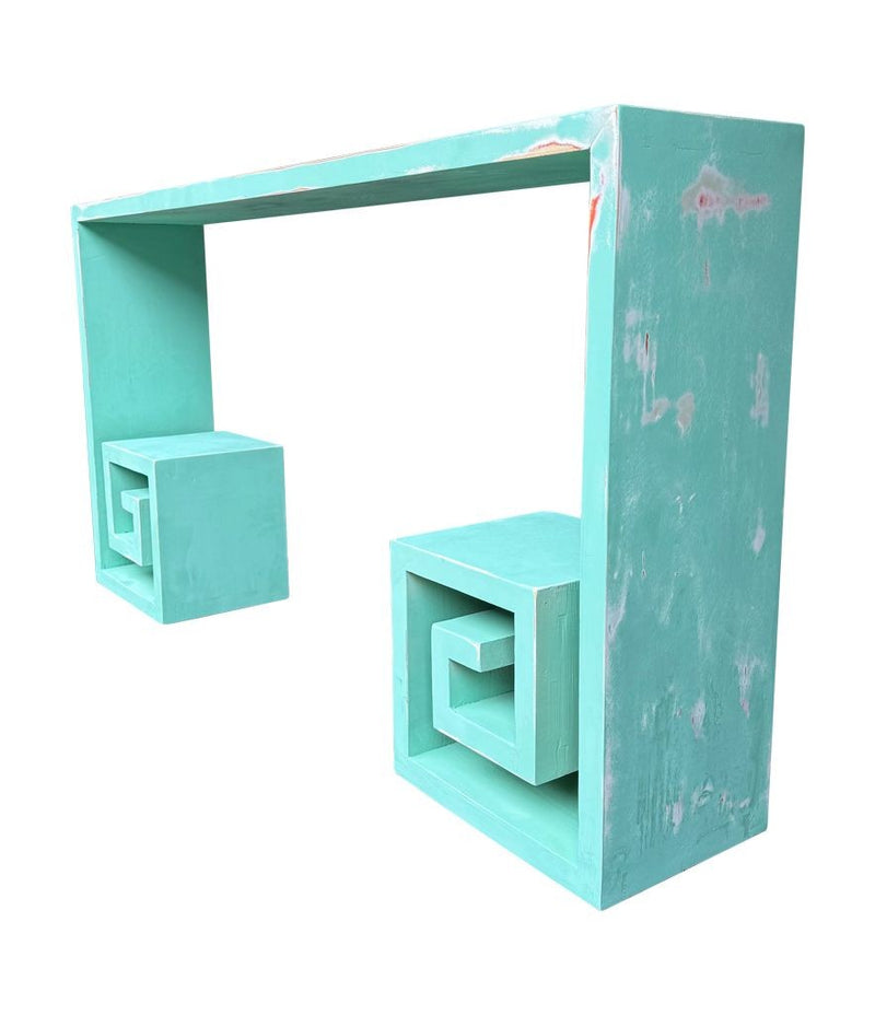 Mid century console table with greek key design in distressed beach finish - Mid Century Furniture