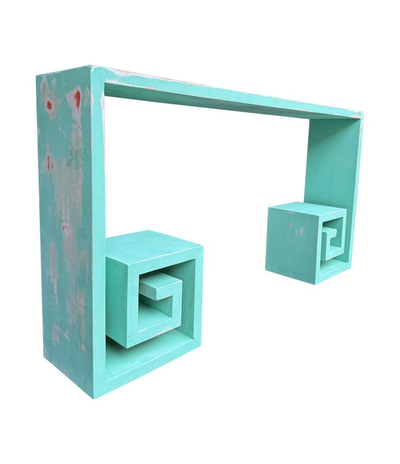 Mid century console table with greek key design in distressed beach finish - Mid Century Furniture