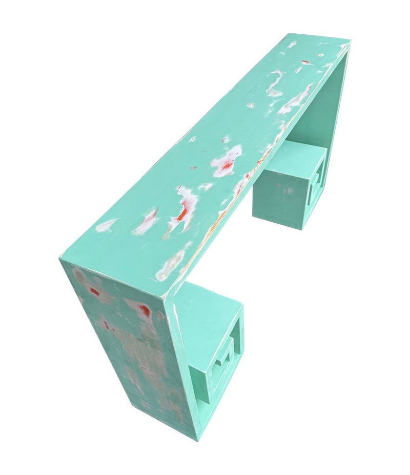 Mid century console table with greek key design in distressed beach finish - Mid Century Furniture