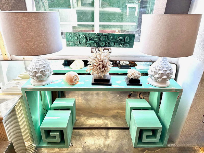 Mid century console table with greek key design in distressed beach finish - Mid Century Furniture