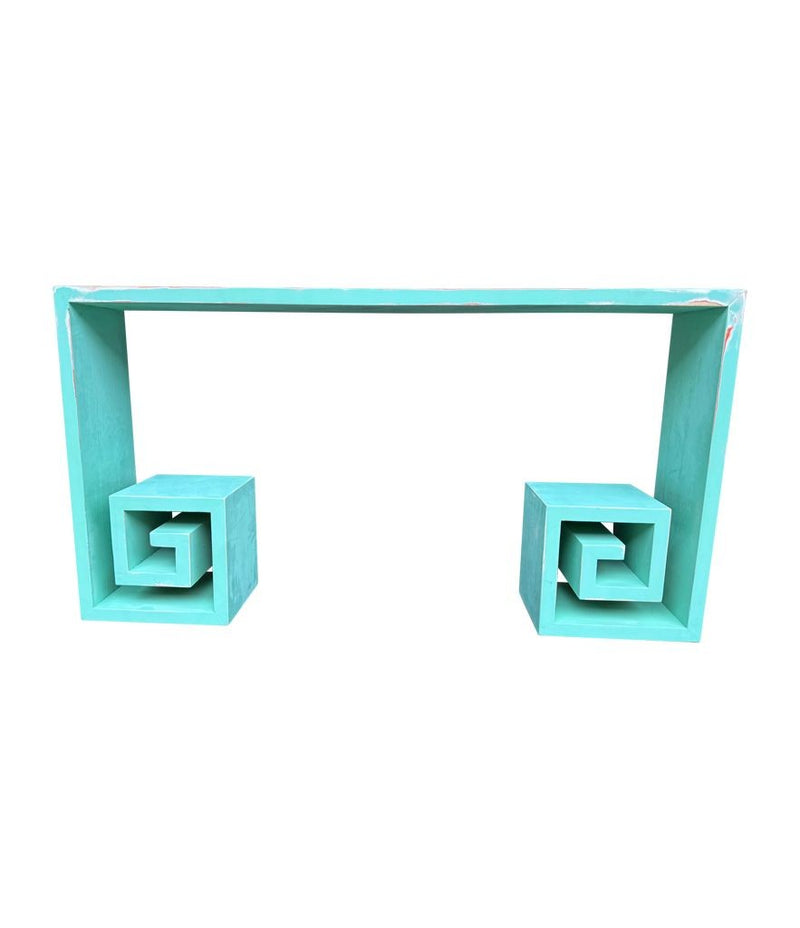 Mid century console table with greek key design in distressed beach finish - Mid Century Furniture